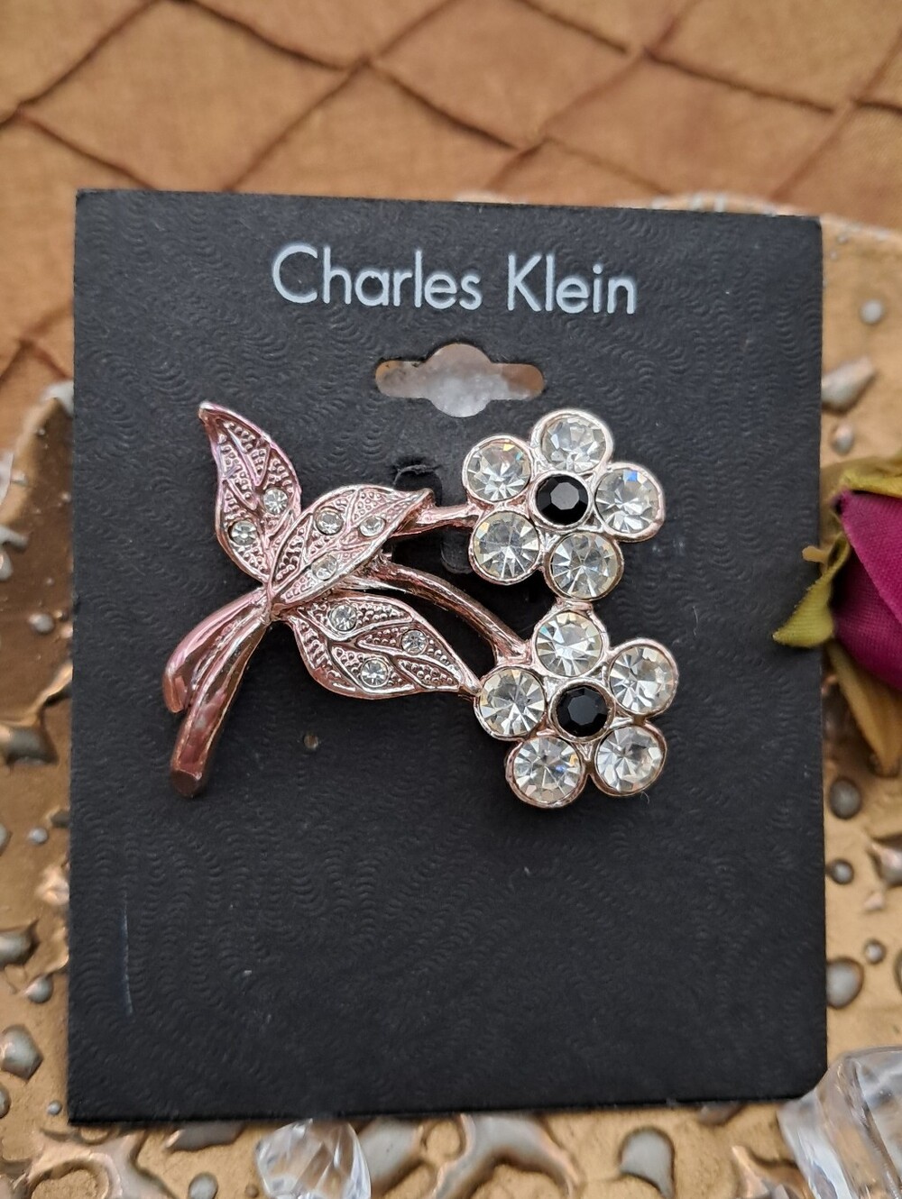 Charles Klein Rose Goldtone Rhinestone Flower & Leaf Brooch NWT
